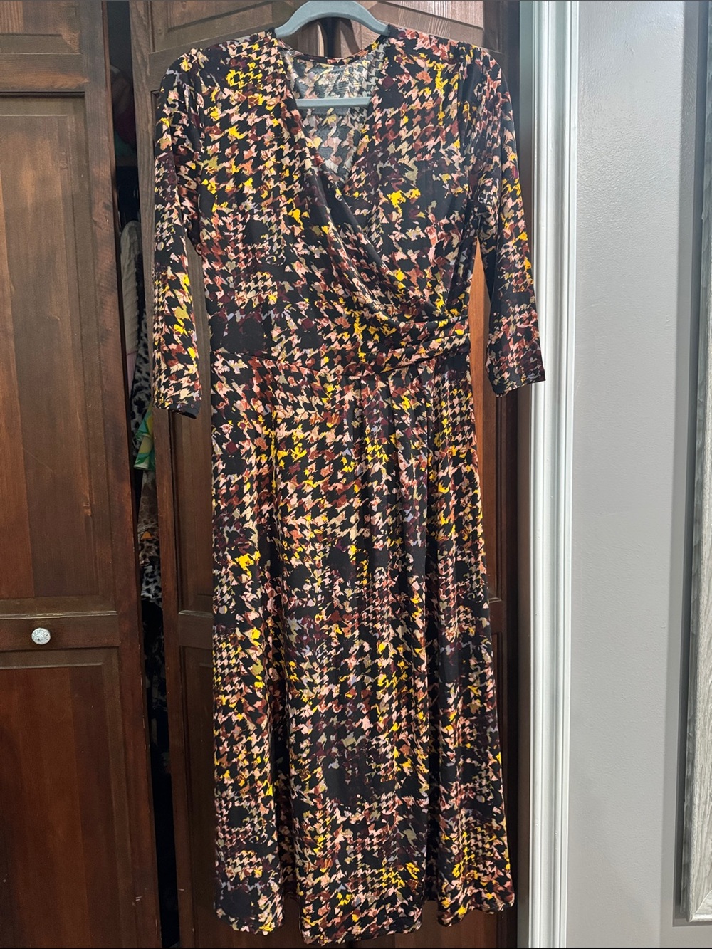 Brown Patterned Wrap Midi Dress with Yellow & Pink Accents